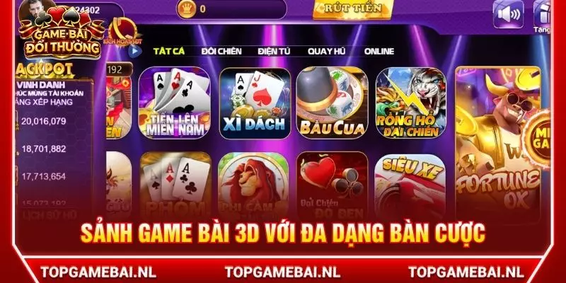 Sảnh game bài 3D với đa dạng bàn cược